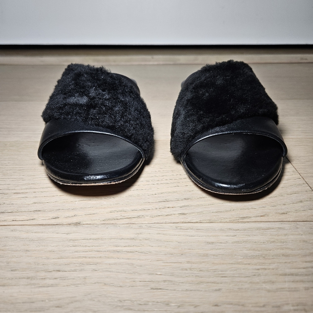 Newbark Women's Size 10 Yasmin Leather Shearling Slide Flat Sandal Black - Picture 7 of 11